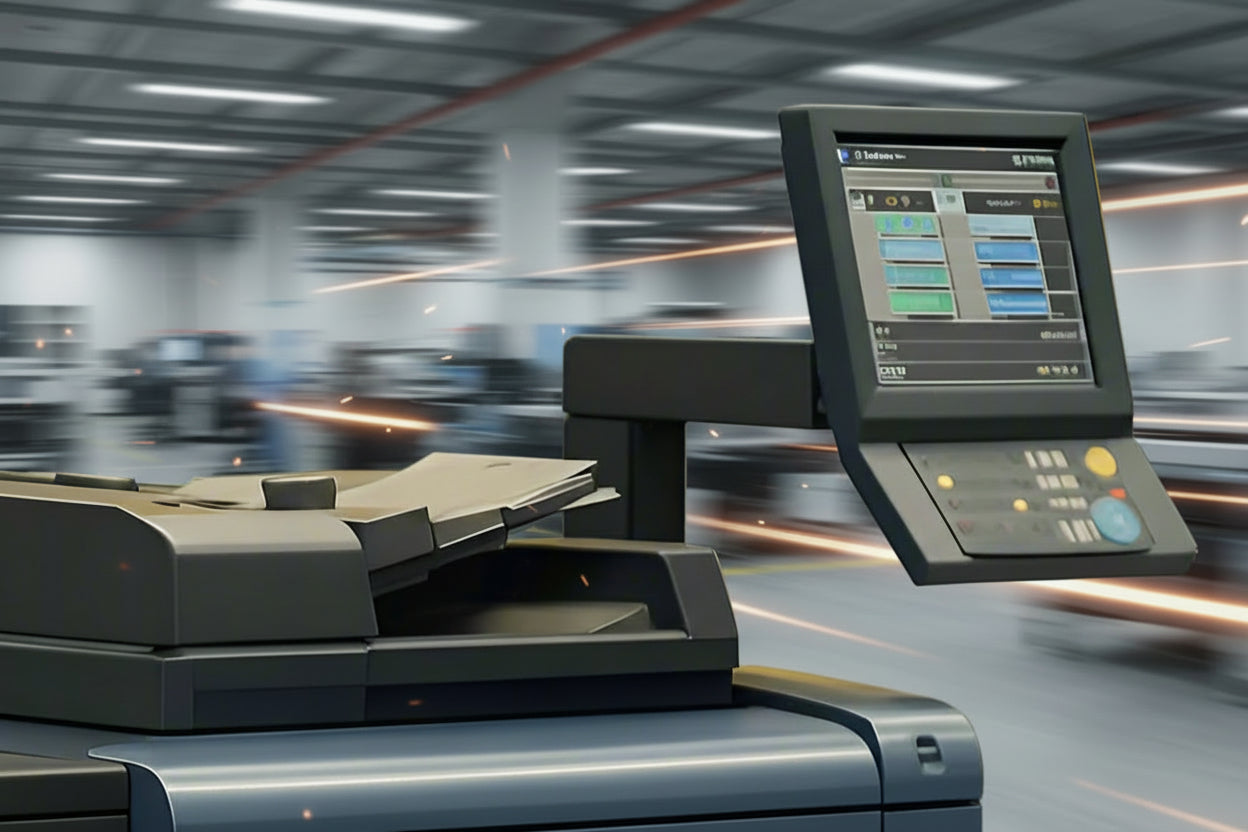 digital press
with a screen and keyboard on a blurred background